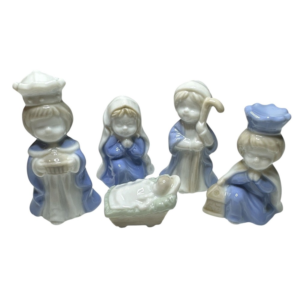 Biedermann & Sons Porcelain Nativity Set 5 Pc Blue White Sri Lanka Vintage READ!